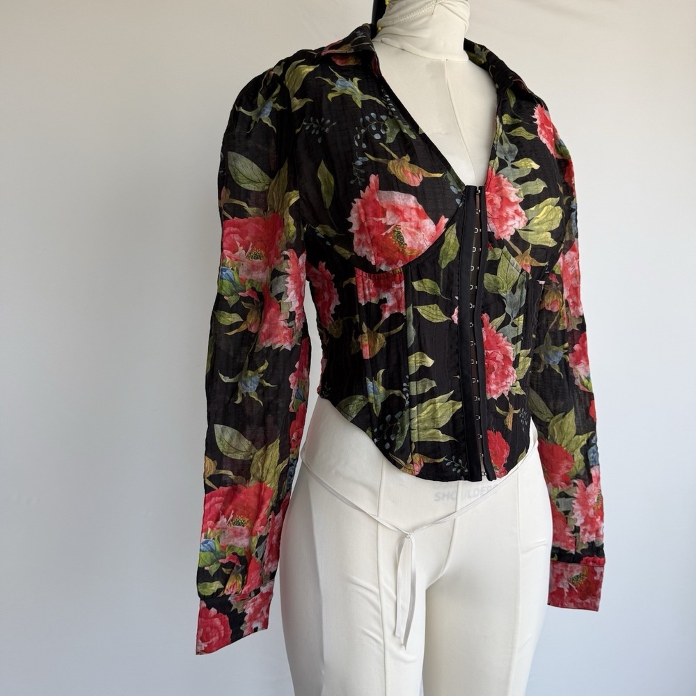 Bebe Women's 12 Black Floral Corset Hook & Eye Blouse Long Sleeve Romantic NWT